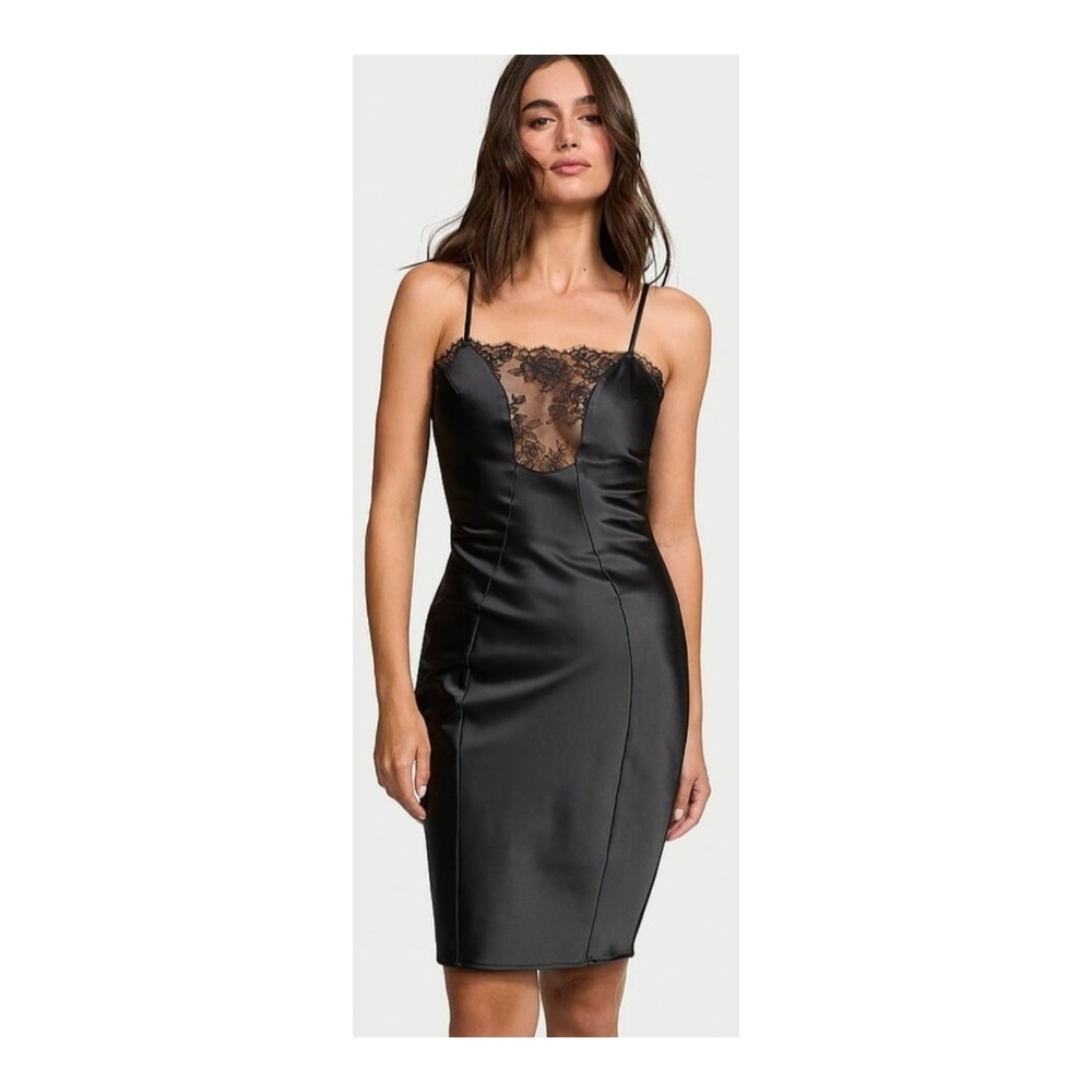 NWOT VS Black Satin Rose Lace Dress Large
